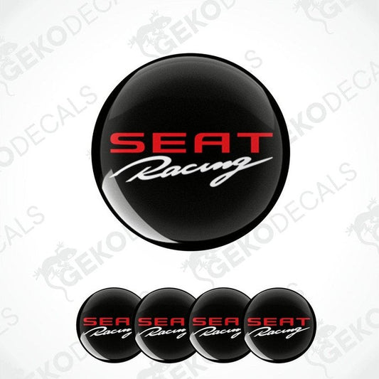 A set of four black vinyl stickers with the 'SEAT RACING' logo in red and white.