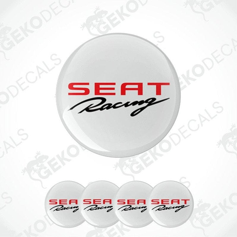 A set of four white vinyl decals with the text 'SEAT Racing' printed in red and black.