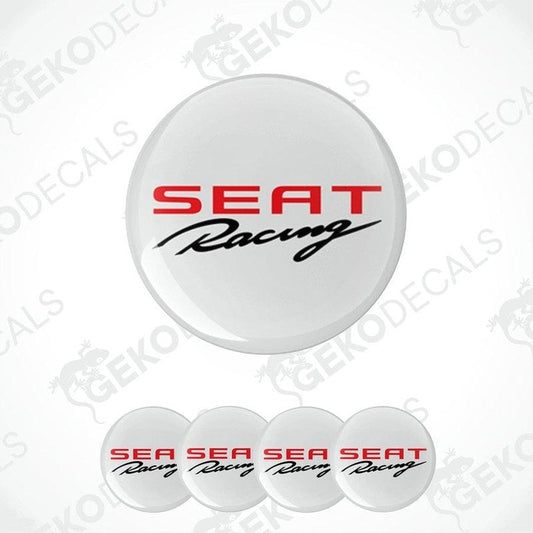 A set of four white vinyl decals with the text 'SEAT Racing' printed in red and black.