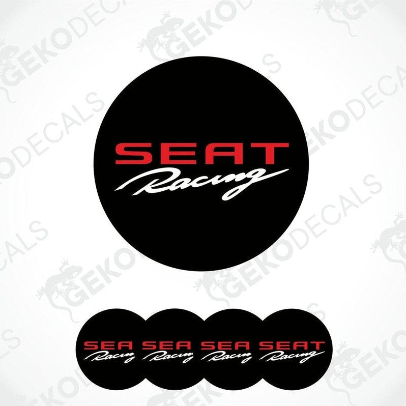 A set of four black vinyl stickers with the 'SEAT RACING' logo in red and white.