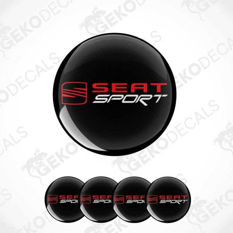 A set of four black vinyl stickers with the 'SEAT SPORT' logo in red and white.