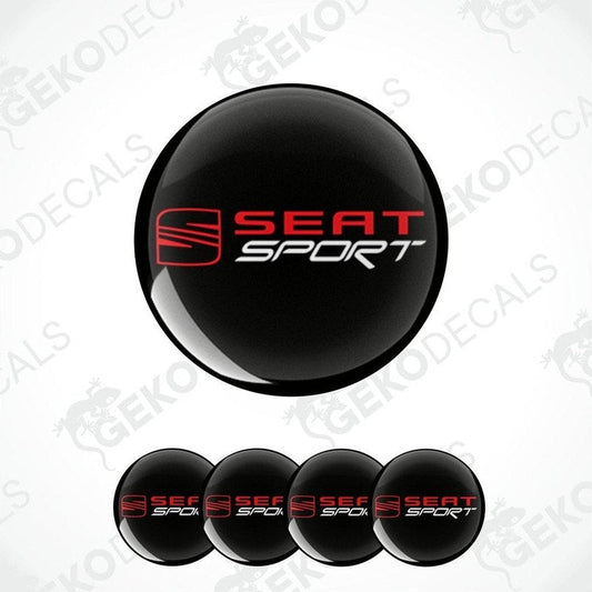 A set of four black vinyl stickers with the 'SEAT SPORT' logo in red and white.