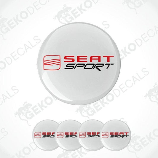A set of round car decals with the text 'SEAT SPORT' on a white background, presented in a collage layout.