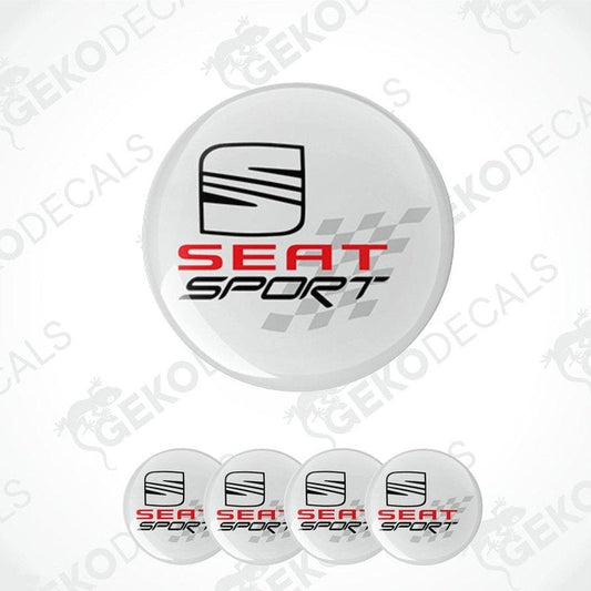 A set of four white vinyl stickers with the SEAT Sport logo and a checkered pattern around it.