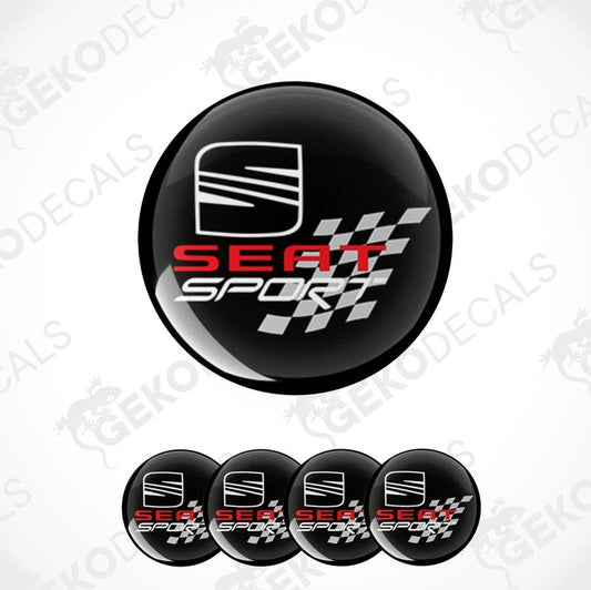 A set of four round car decals with the SEAT SPORT logo in black, red, and white colors.