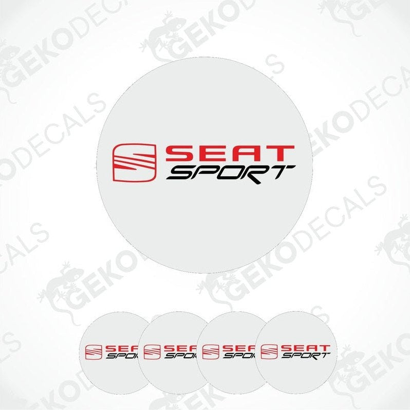 A set of round car decals with the text 'SEAT SPORT' on a white background, presented in a collage layout.