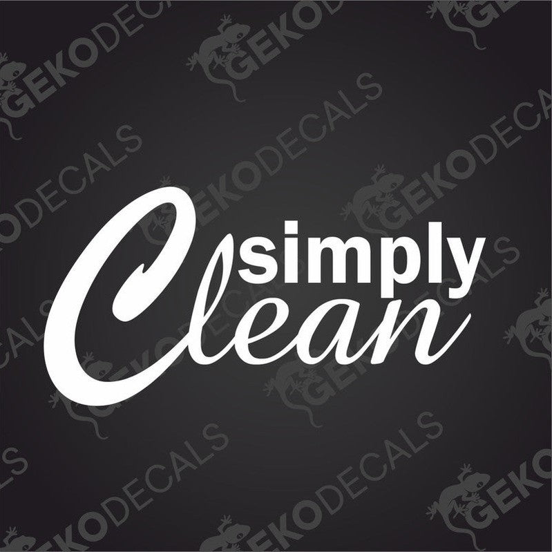 A white cursive text decal saying 'simply Clean' on a black background.