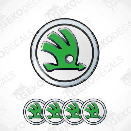 A set of four gwhite and green vinyl stickers with the logo'SKODA' 