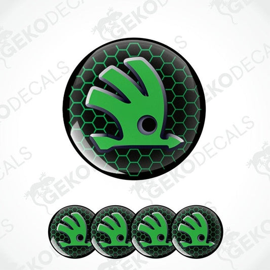 A set of four green and black vinyl stickers with the logo'SKODA' 