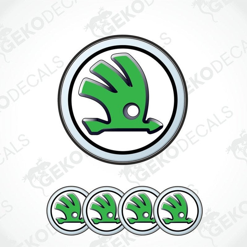 A set of four gwhite and green vinyl stickers with the logo'SKODA' 
