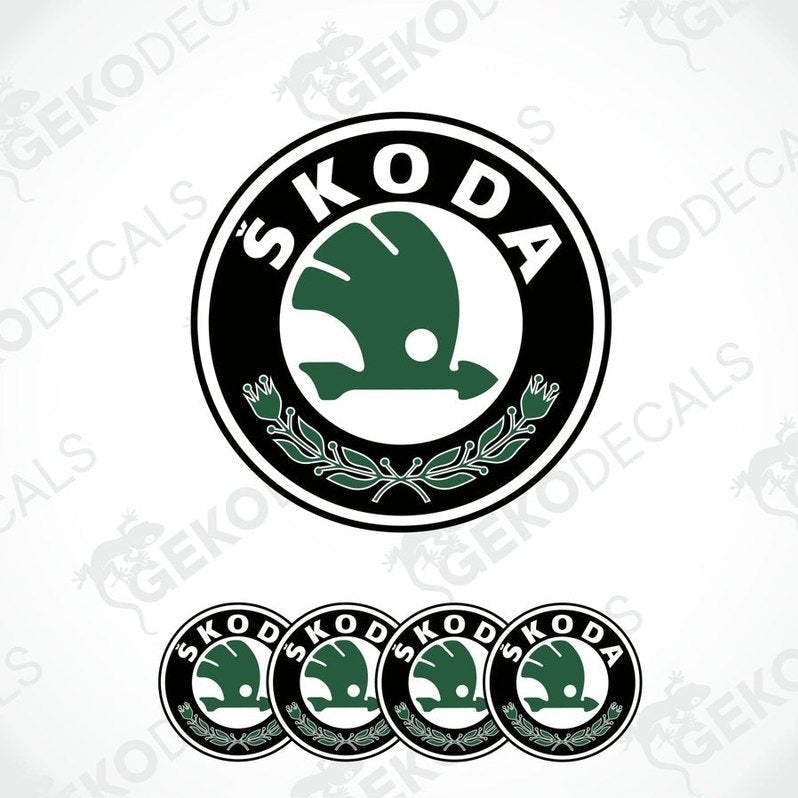 A set of four vinyl decals with a polyurethane coating featuring the SKODA logo in green and white on a black background.