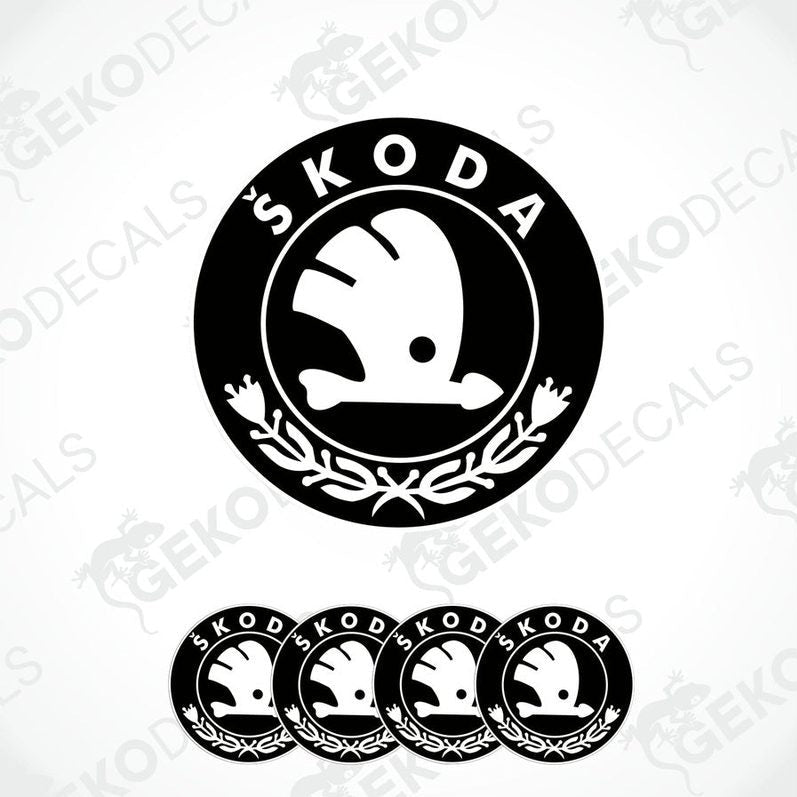 A set of four black, white, and gray vinyl stickers with a ŠKODA logo design, displayed on a white background.