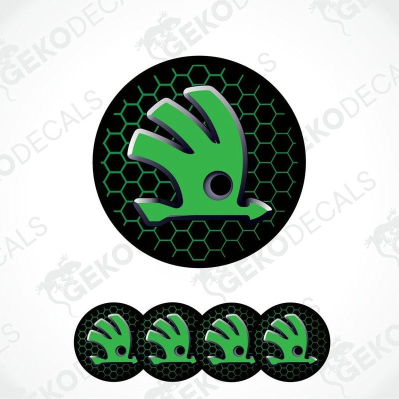 A set of four green and black vinyl stickers with the logo'SKODA' 
