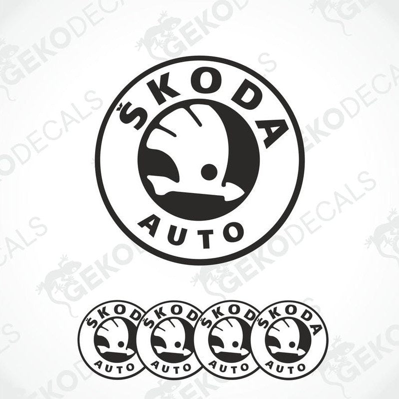 A set of four black and white vinyl decals with the Skoda auto logo.