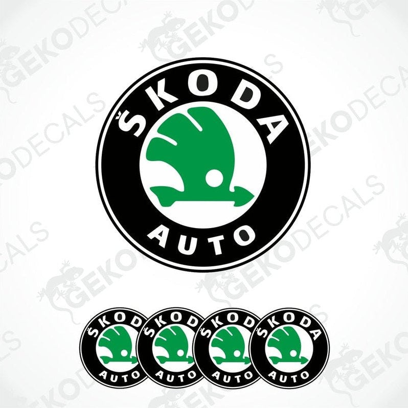 A set of four vinyl decals with a polyurethane coating featuring the SKODA AUTO logo in green and white on a black background.