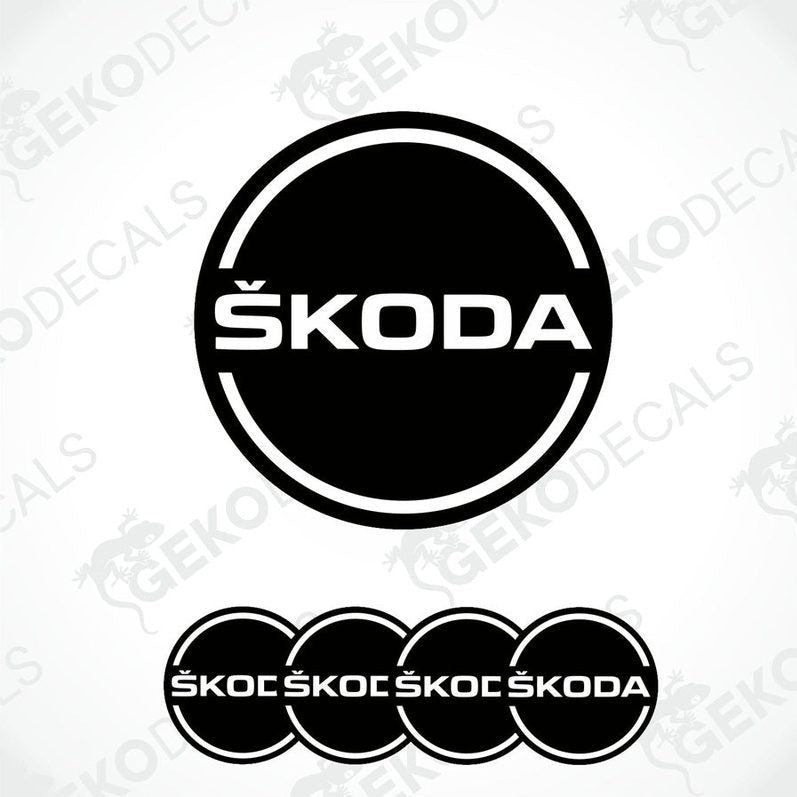 A set of black, and white Škoda branded vinyl decals designed for use on car wheels.