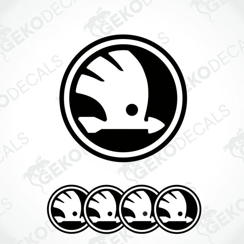 Set of four black and white vinyl stickers with the "SKODA" logo