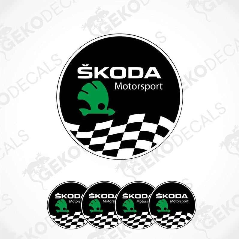 A set of four circular vinyl stickers with a ŠKODA MOTORSPORT logo, featuring a green and black color scheme with a checkered pattern.