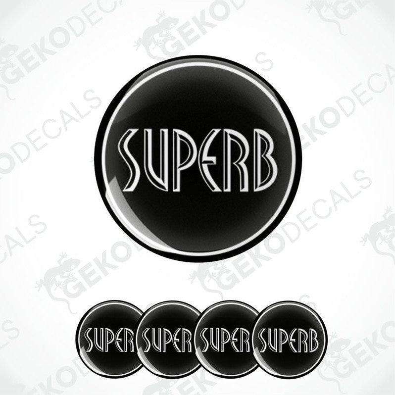 A set of black vinyl decals with the word 'SUPERB' written in white letters, designed for use as car stickers.