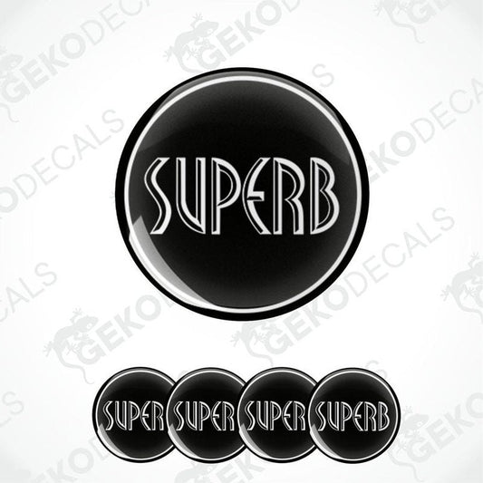 A set of black vinyl decals with the word 'SUPERB' written in white letters, designed for use as car stickers.