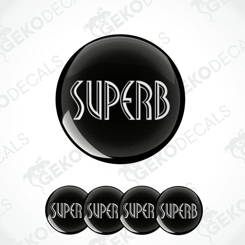 A set of four black vinyl decals with the word 'SUPERB' written in white letters, displayed on a white background.