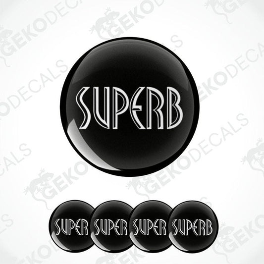 A set of four black vinyl decals with the word 'SUPERB' written in white letters, displayed on a white background.
