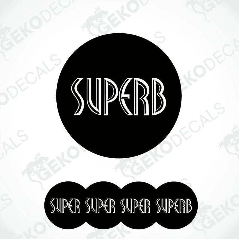 A set of four black vinyl decals with the word 'SUPERB' written in white letters, displayed on a white background.