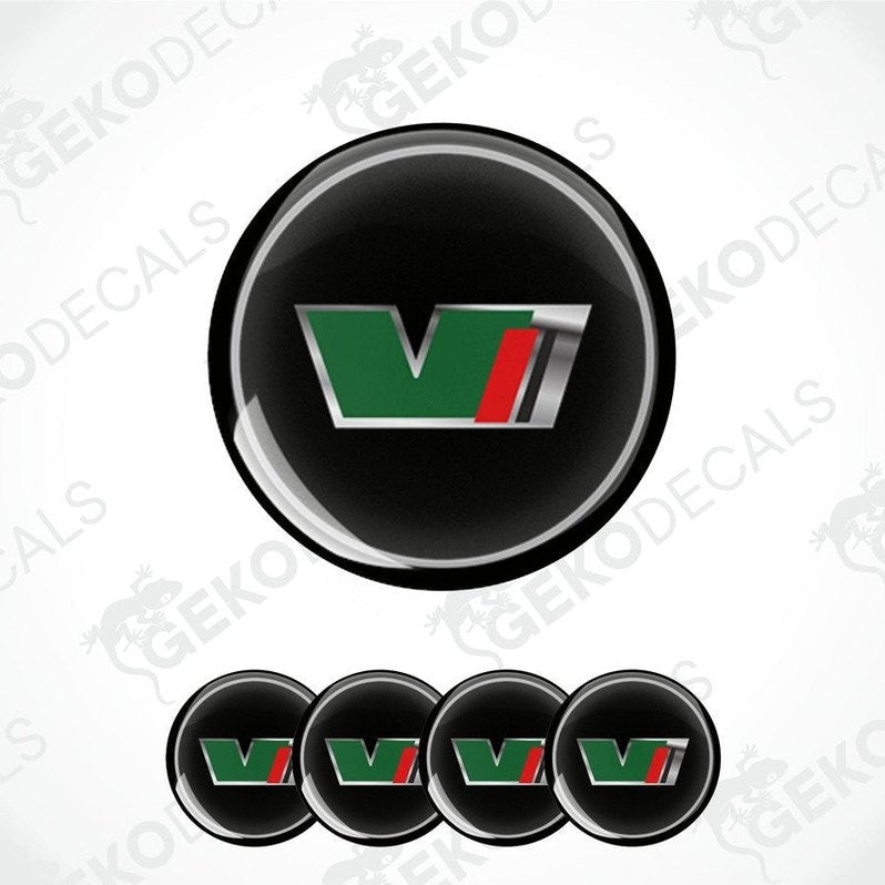 A set of four vinyl decals with a polyurethane coating designed for a car, featuring the ŠKODA VRS logo in green, red, and white on a black background.