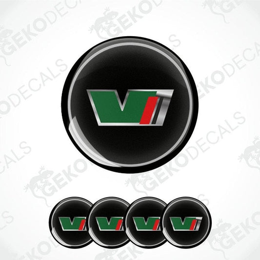A set of four vinyl decals with a polyurethane coating designed for a car, featuring the ŠKODA VRS logo in green, red, and white on a black background.