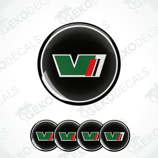 A set of four green, black, and red vinyl stickers with a geometric pattern, featuring the letter 'VRS' in the center