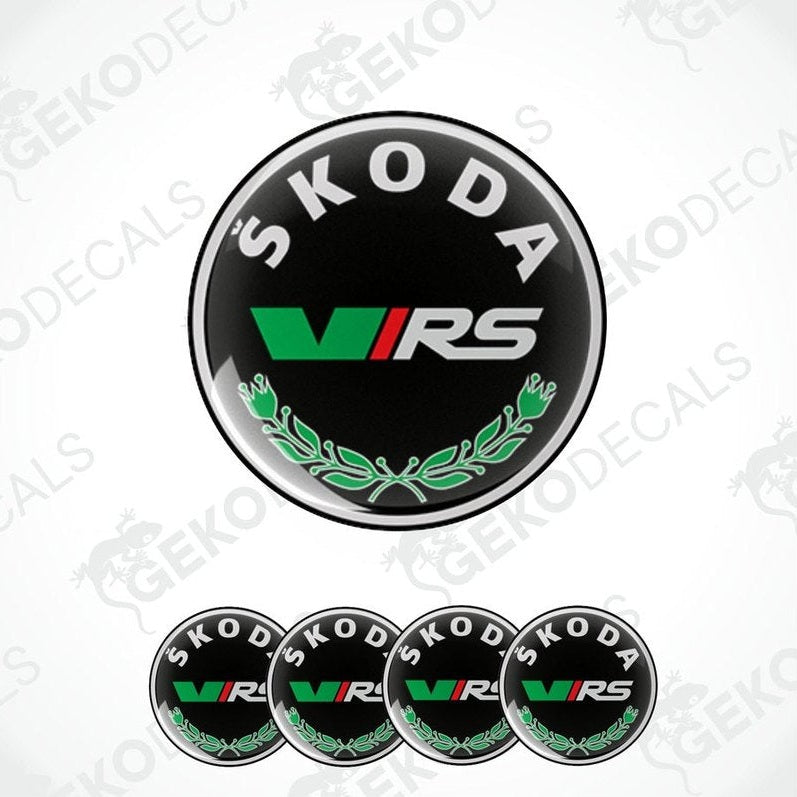 A set of four black vinyl stickers with green and white text and graphics, including the brand name 'SKODA' and the model designation 'VRS'.
