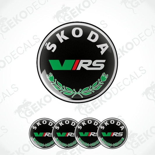 A set of four black vinyl stickers with green and white text and graphics, including the brand name 'SKODA' and the model designation 'VRS'.