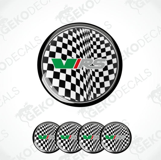 A set of vinyl decals for a Skoda vehicle, featuring a checkered pattern and the VRS logo.