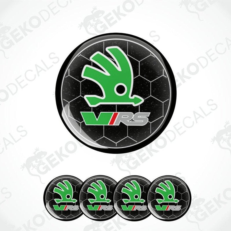 A set of vinyl decals for a Skoda vehicle, featuring a checkered pattern and the VRS logo.