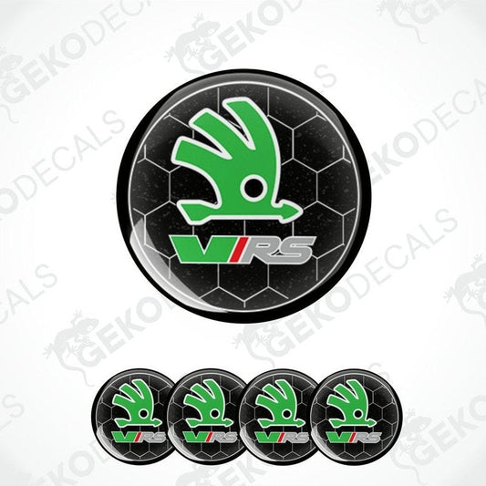 A set of vinyl decals for a Skoda vehicle, featuring a checkered pattern and the VRS logo.