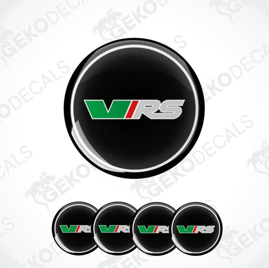 A set of four black, green, and white car wheel decals with the VRS logo.