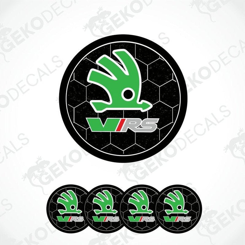 A set of vinyl decals for a Skoda vehicle, featuring a checkered pattern and the VRS logo.