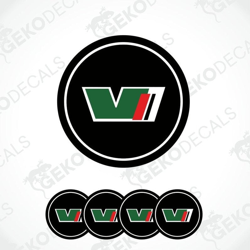 A set of four green, black, and red vinyl stickers with a geometric pattern, featuring the letter 'VRS' in the center