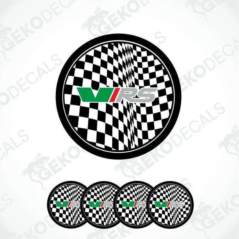 A set of vinyl decals for a Skoda vehicle, featuring a checkered pattern and the VRS logo.