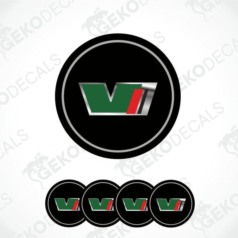 A set of four vinyl decals with a polyurethane coating designed for a car, featuring the ŠKODA VRS logo in green, red, and white on a black background.
