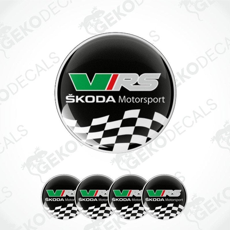 A set of vinyl decals for a Skoda vehicle, featuring a checkered pattern and the VRS logo.