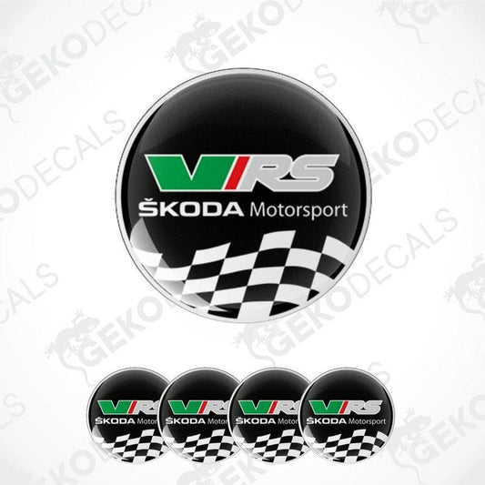 A set of vinyl decals for a Skoda vehicle, featuring a checkered pattern and the VRS logo.