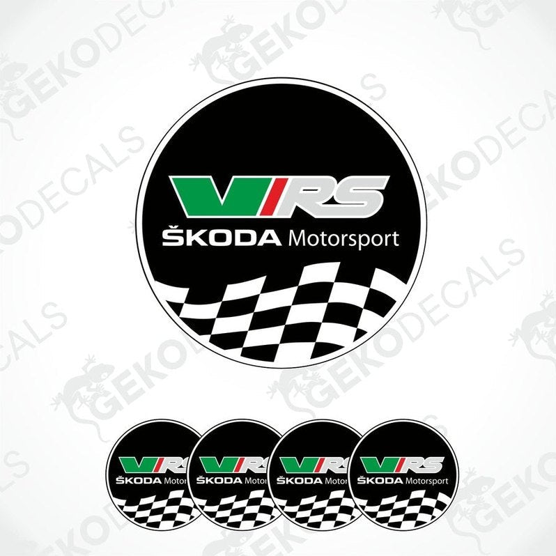 A set of vinyl decals for a Skoda vehicle, featuring a checkered pattern and the VRS logo.