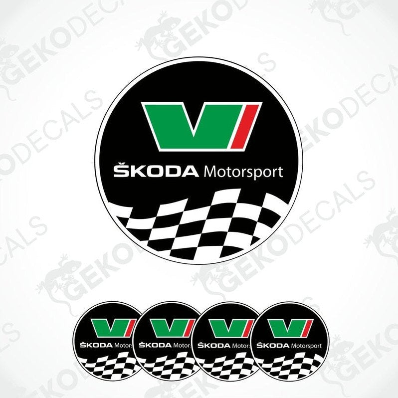 Set of four vinyl decals with polyurethane coating featuring the Skoda Motorsport logo in green, white, and red on a black background with a checkered pattern.