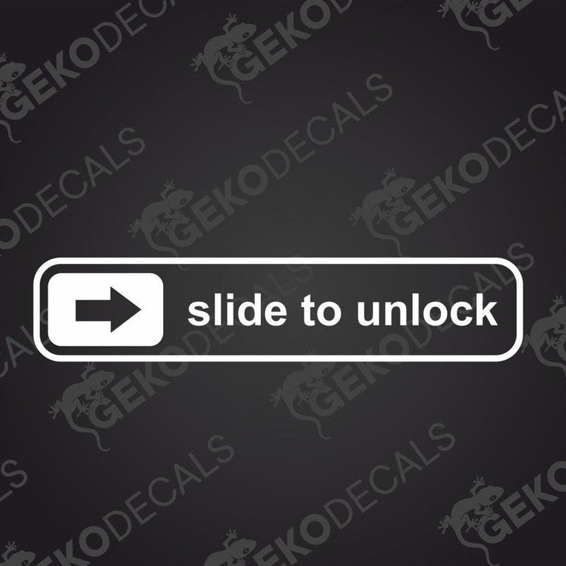 A car sticker with the text 'slide to unlock' and a unidirectional arrow on a white rectangular background.