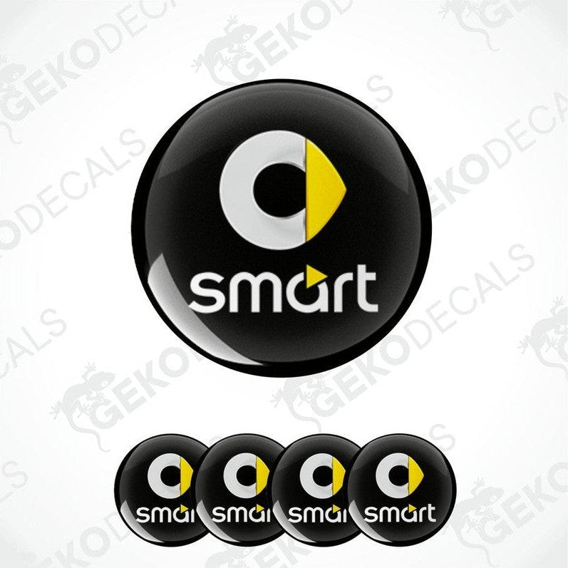 A set of four black vinyl stickers with a yellow 'SMART' logo design.
