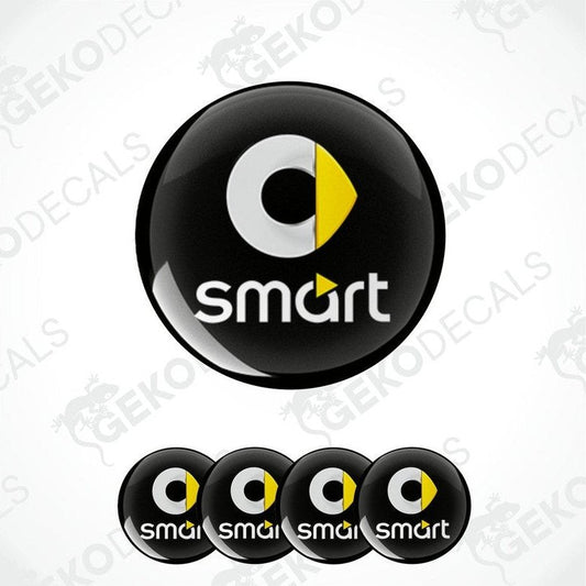 A set of four black vinyl stickers with a yellow 'SMART' logo design.