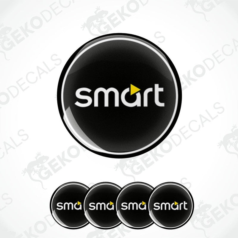 A set of four round black vinyl stickers with the word 'SMART' and a small graphic icon on each sticker.
