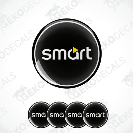 A set of four round black vinyl stickers with the word 'SMART' and a small graphic icon on each sticker.