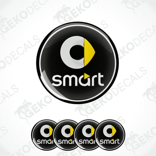 A set of four black, yellow, and white vinyl decals with the 'smart' logo.